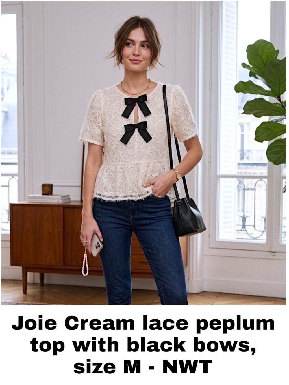 Joie🎀 Cream Lace Coquette Peplum Top with Black Bows - Size M 🎀NWT